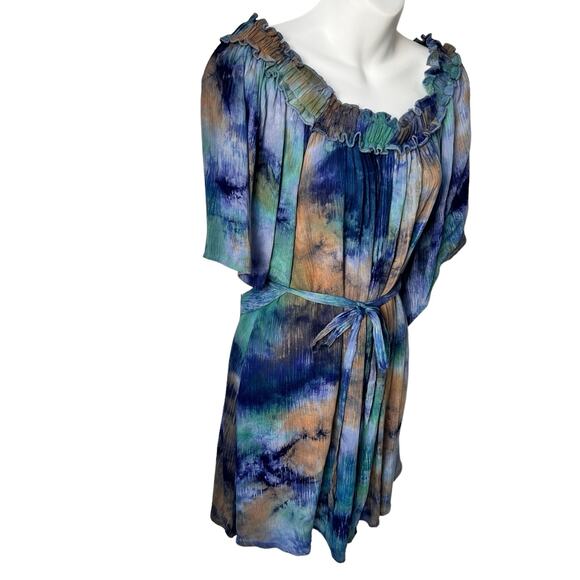 NEW Off Shoulder Tie Dye Dress Women Medium Tunic Blue Green Bell Sleeve Country - Picture 11 of 16